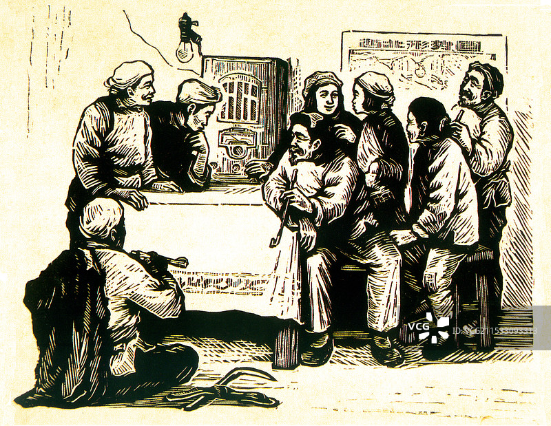 《听胜利消息》木刻图片素材