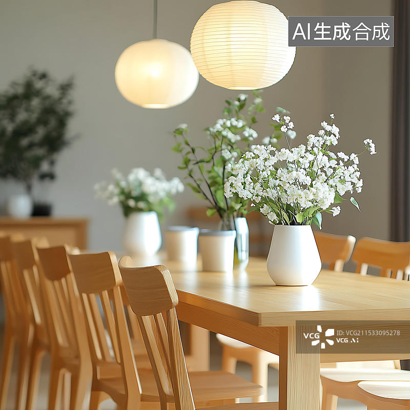 【AI数字艺术】木质餐桌上的白色花朵和灯具图片素材