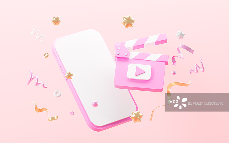 卡通手机和场记板线上观影概念3D渲染图片素材