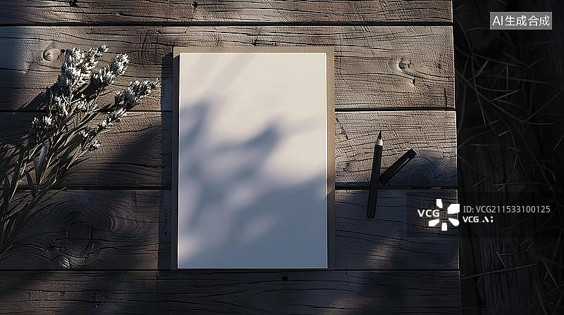 【AI数字艺术】阳光照在木桌上的空白笔记本特写图片素材