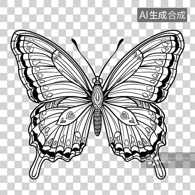 【AI数字艺术】蝴蝶昆虫 线稿线条画 素描 黑白插画 填色图案插画图片素材
