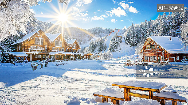 【AI数字艺术】阳光下的滑雪场滑雪运动场地插画背景配图图片素材