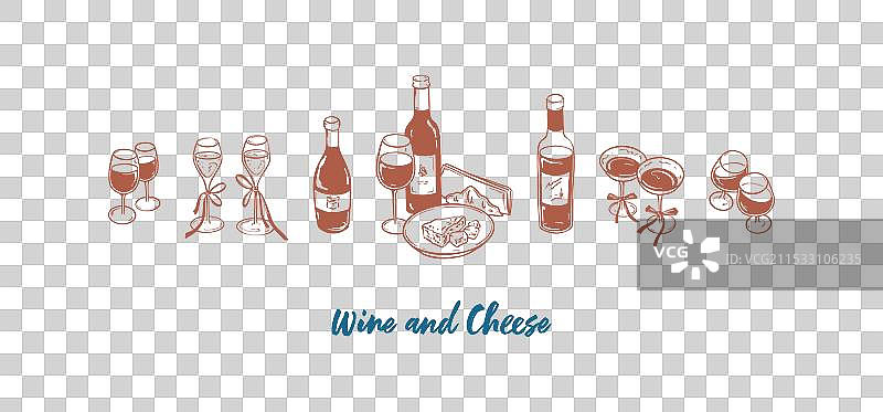 葡萄酒瓶和酒杯与布里奶酪拼盘图片素材