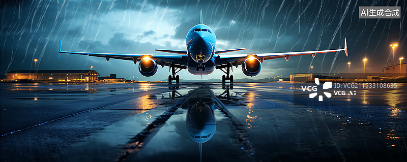 【AI数字艺术】台风雷电停飞的飞机插画图片素材
