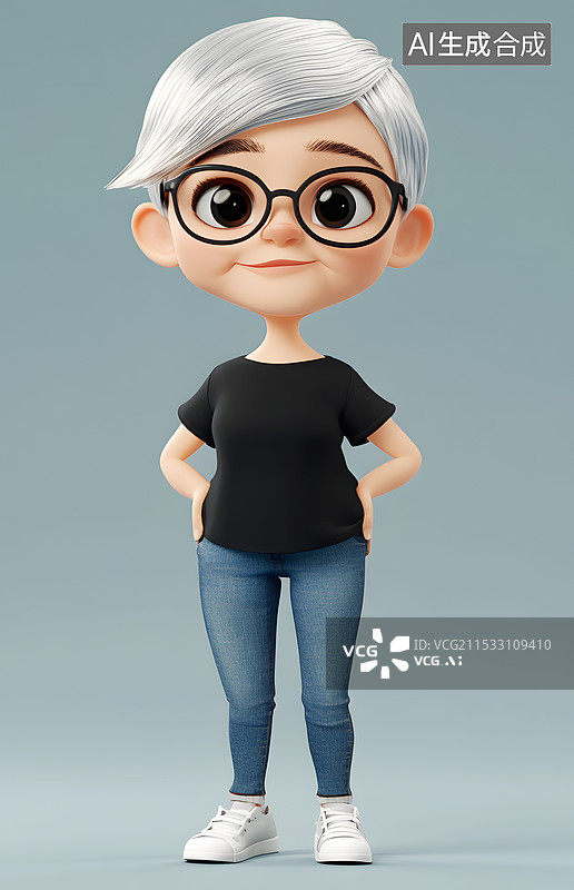 【AI数字艺术】AIGC:3D卡通人物白发女士图片素材