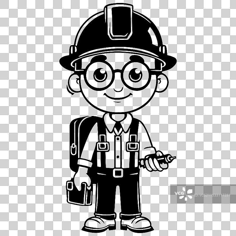 卡通工程师绘制逼真的手绘图。图片素材