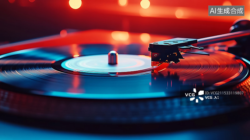 【AI数字艺术】黑胶唱机转台上播放唱片特写图片素材