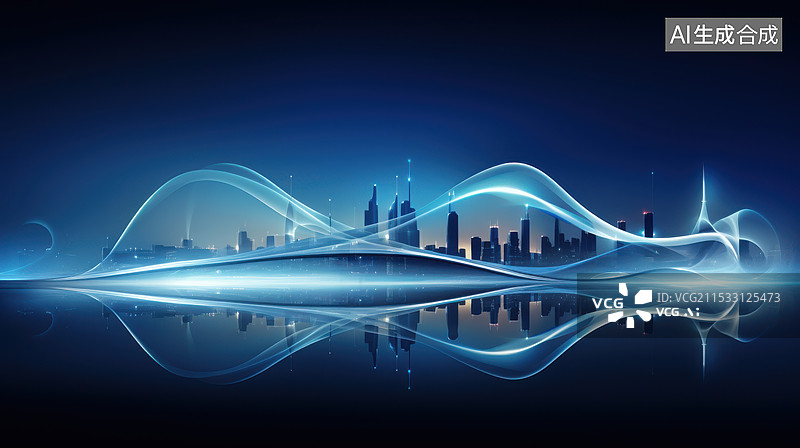 【AI数字艺术】蓝色波纹科技全景城市图片素材