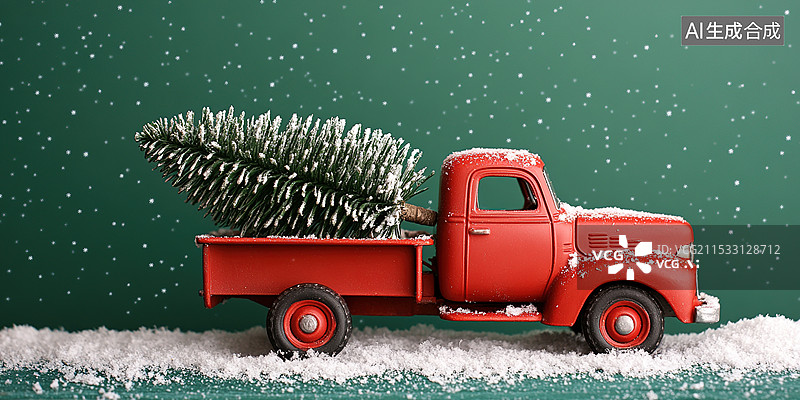 【AI数字艺术】一辆迷人微距老式红色玩具卡车载着一棵微型圣诞树穿过一条积雪的小路圣诞节绿色冬日庆祝节日背景图片素材
