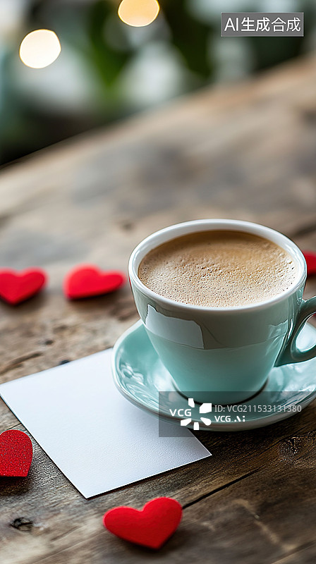 【AI数字艺术】浪漫的2025年农历新年和白色情人节庆祝木质桌子背景咖啡、空白卡片和红色心形装饰温馨爱情亲密关系浪漫图片素材