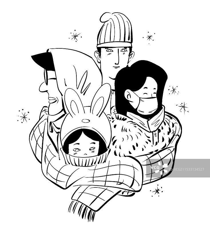 冬季穿着各种保暖服装和帽子的人群卡通线稿插图图片素材