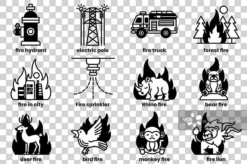 森林火灾和火焰的概念集合图片素材