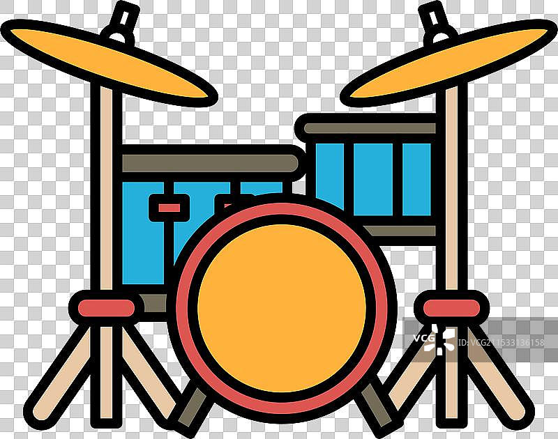 一幅卡通风格的鼓组图画，配有黄色元素图片素材