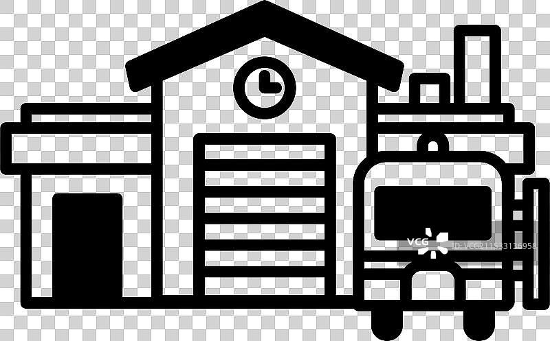 一辆消防车停在一栋建筑前。图片素材