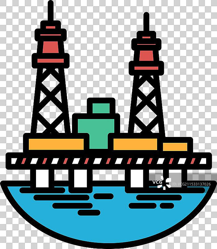 一幅色彩斑斓的大型石油钻井平台的画作，带有红色元素图片素材