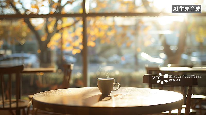 【AI数字艺术】午后阳光下的的咖啡馆和一杯咖啡图片素材