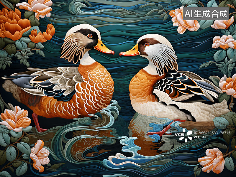 【AI数字艺术】鸳鸯插画图片素材