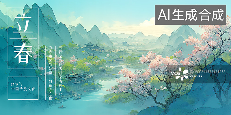 【AI数字艺术】立春，春季24节气设计模板海报，中国古风仙侠游戏唯美浪漫场景 桃花谷自然山川世外桃源隐居仙境图片素材