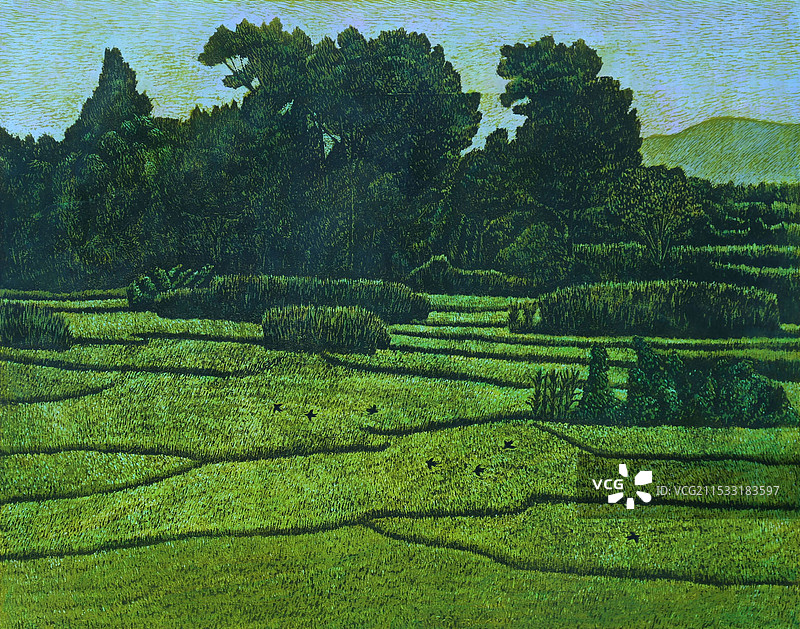 《燕子翻飞的稻田》绝版套色木刻图片素材