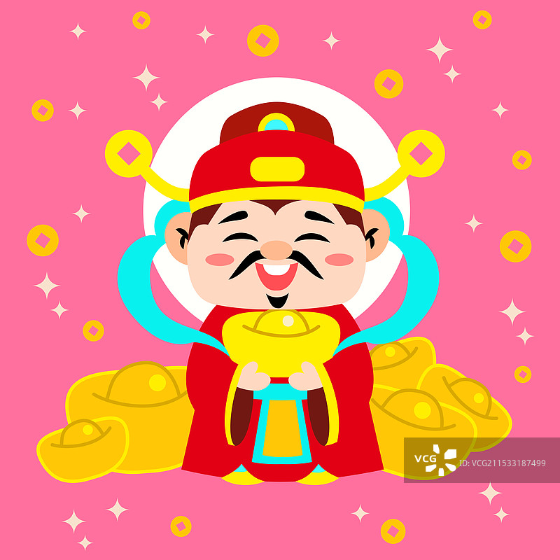 可爱财神卡通描线漫画q版粉红色温馨背景漂浮金币星星正面全身手拿金元宝插画红包封面壁纸正方形图片素材