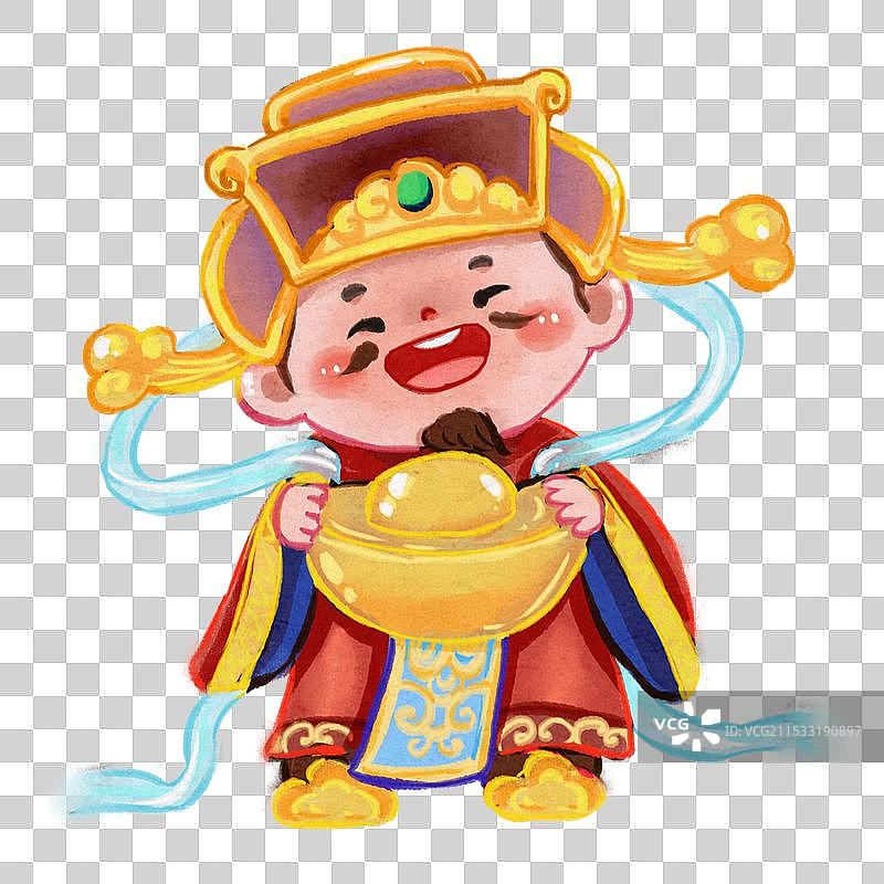 水彩财神抱着金元宝很可爱插画元素图片素材
