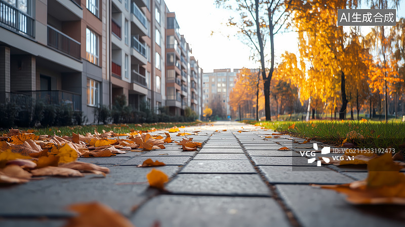 【AI数字艺术】铺满落叶的社区街道图片素材
