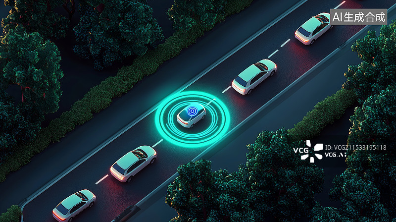 【AI数字艺术】夜间自动驾驶汽车的道路场景图片素材