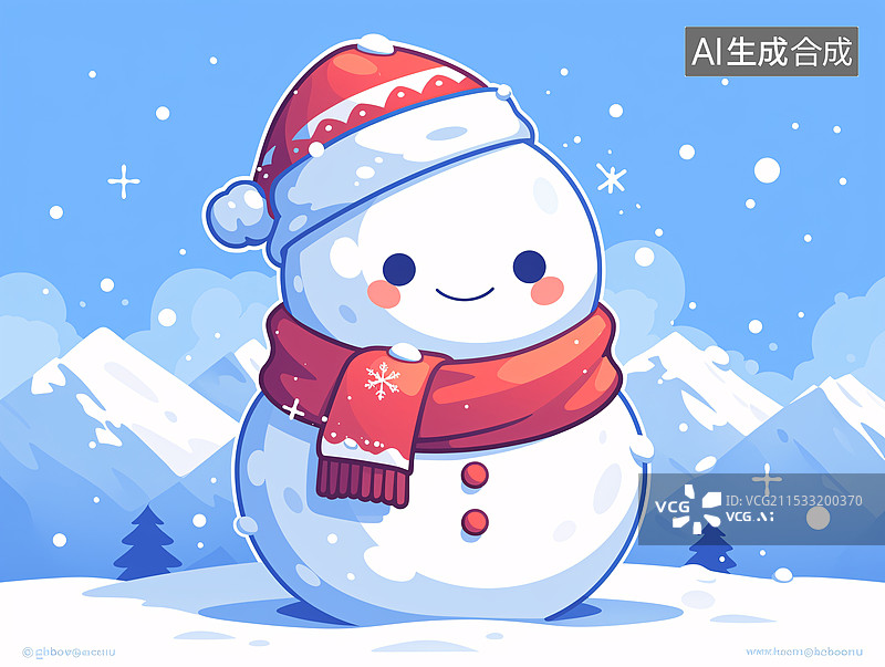【AI数字艺术】一个戴着帽子可爱雪人，站在雪山背景中，卡通平面插画图片素材