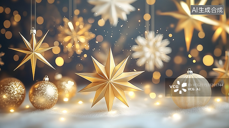 【AI数字艺术】深蓝色背景下圣诞树上的装饰品特写镜头图片素材