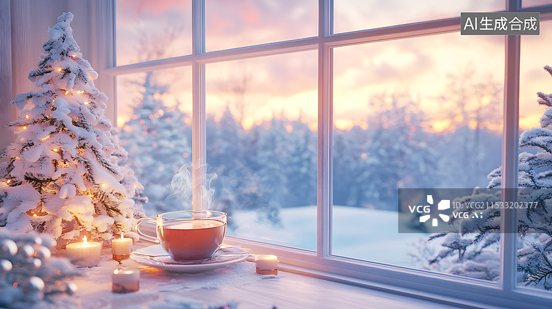 【AI数字艺术】AIGC：家里靠窗的桌子上的咖啡和圣诞装，窗外的冬季风景图片素材