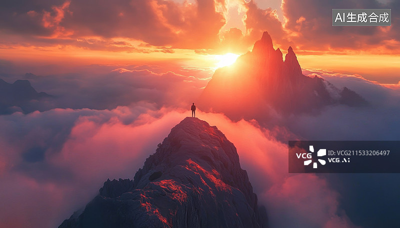 【AI数字艺术】一位站在山顶上的人，背景是壮丽的日出或日落。天空被染成了橙色和红色的色调，云层在山峰间缭绕，给人一种图片素材