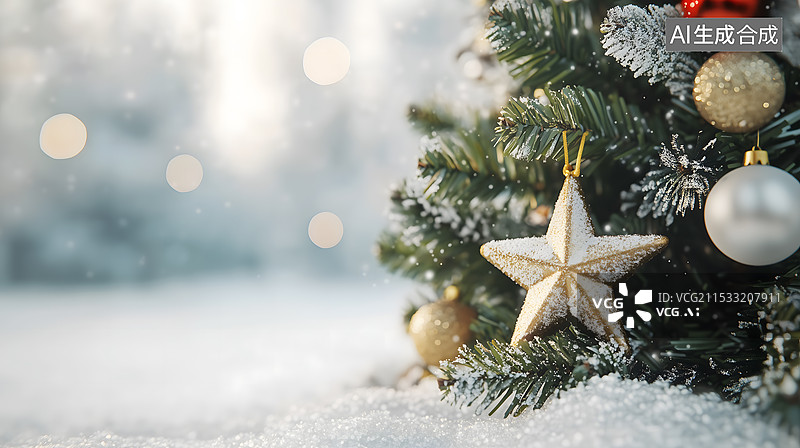 【AI数字艺术】雪地上的圣诞树与装饰品特写图片素材