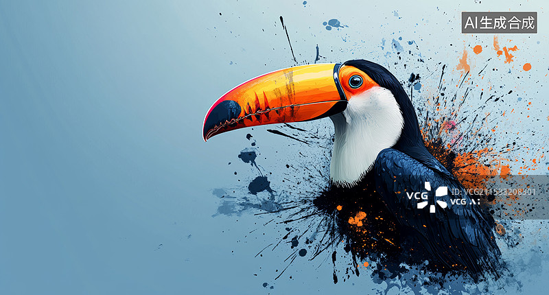 【AI数字艺术】一幅充满艺术感的插画，描绘了一只色彩鲜艳的巨嘴鸟。背景是蓝色的，周围有橙色和白色的颜料飞溅效果，给人图片素材