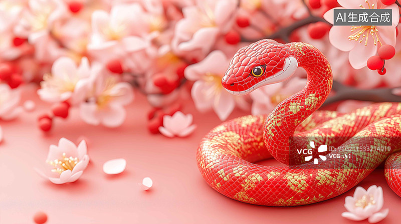【AI数字艺术】红色的蛇和粉红色的花朵图片素材
