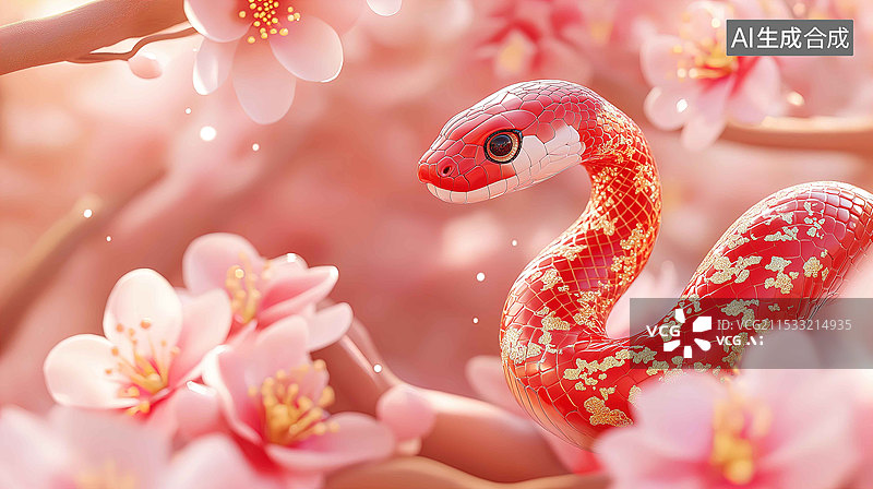 【AI数字艺术】红色的蛇和粉红色的花朵图片素材
