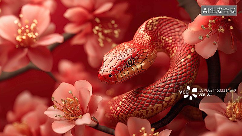 【AI数字艺术】红色的蛇和粉红色的花朵图片素材