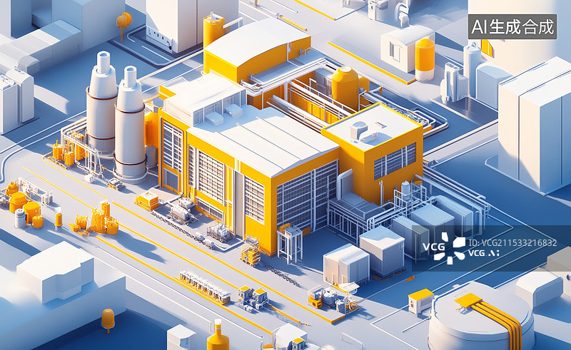 【AI数字艺术】一个工业设施的等距视图。建筑物和设备以蓝色和黄色为主色调，布局紧凑，细节丰富。图片素材