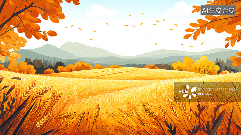 【AI数字艺术】秋天谷物丰收小麦稻田芒种节气海报图片素材