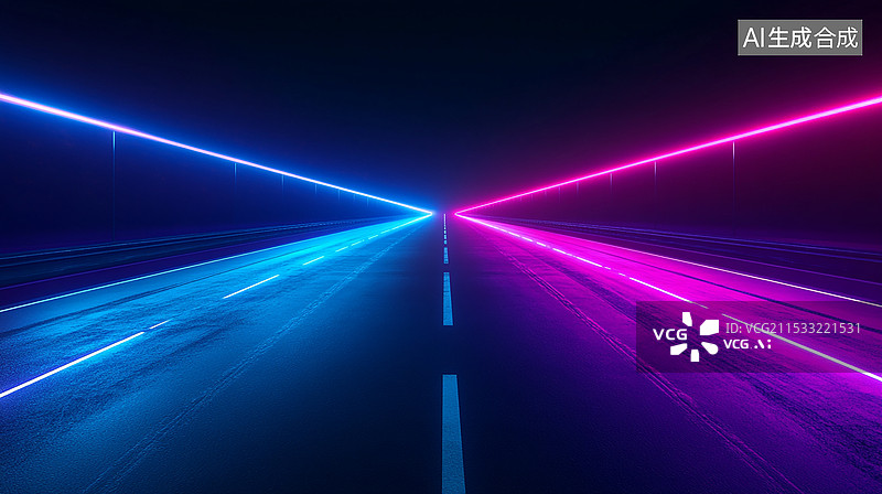 【AI数字艺术】公路上霓虹蓝色和粉色光线的3D渲染背景图片素材