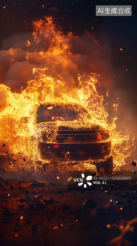 【AI数字艺术】3D渲染燃烧的汽车 竖版图片素材