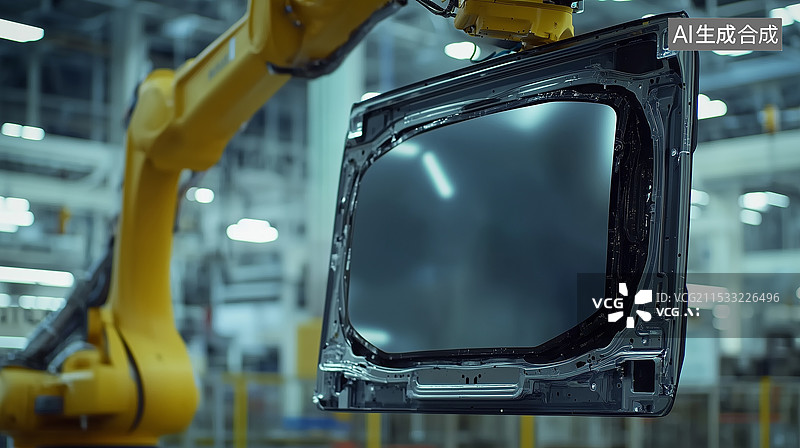 【AI数字艺术】机械臂在高科技制造工厂中精准组装电视屏幕的特写视图，展示先进技术与工业自动化。图片素材