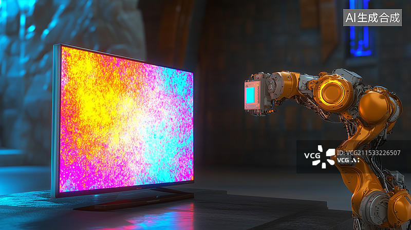 【AI数字艺术】机械臂在高科技制造工厂中精准组装电视屏幕的特写视图，展示先进技术与工业自动化。图片素材