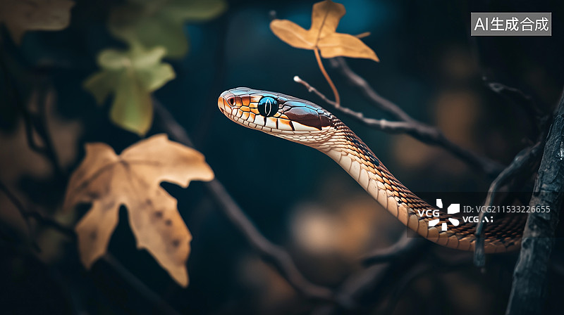 【AI数字艺术】蛇头特写镜头，利用红外视觉在黑暗森林环境中探测热量模式。细致的爬行动物鳞片，热感生物适应性，背景为模图片素材