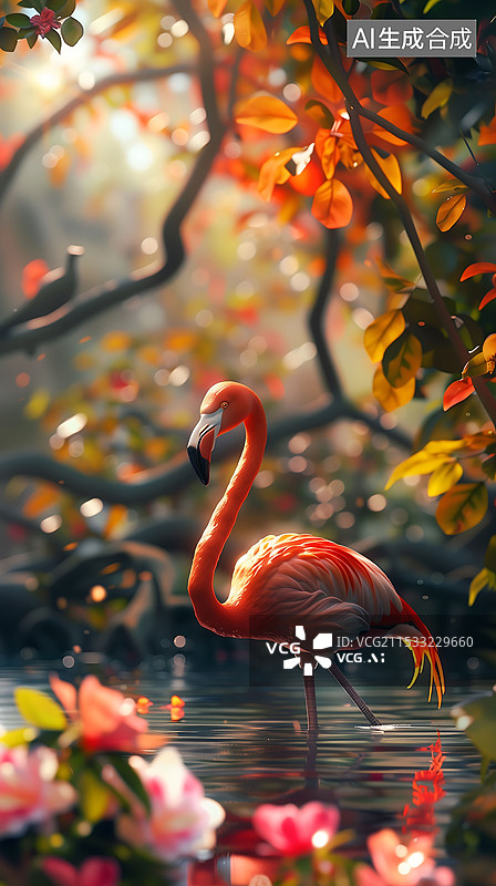 【AI数字艺术】花丛中的火烈鸟 竖版图片素材