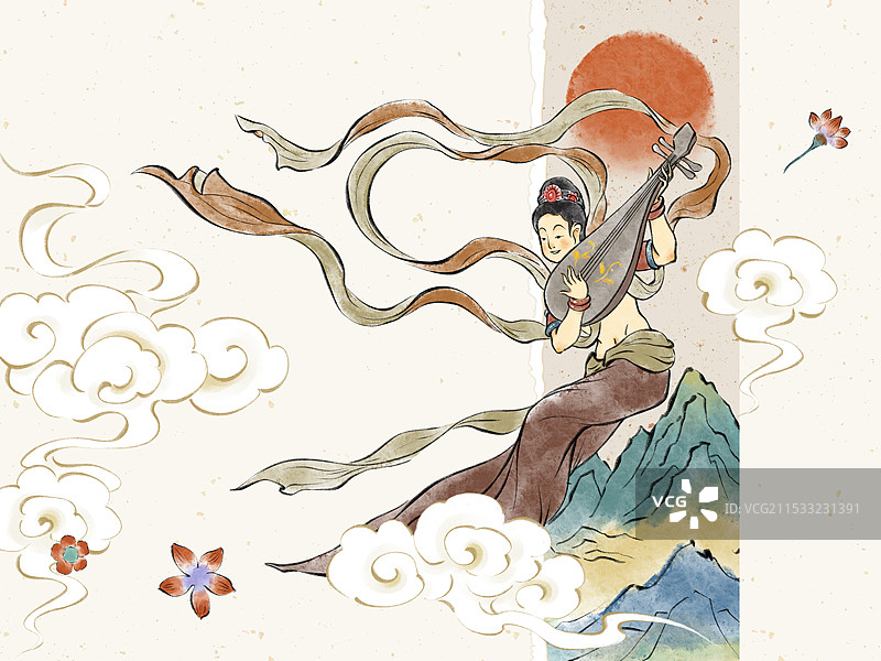 国潮风手绘甘肃敦煌莫高窟男性飞天人物横板插画素材。图片素材