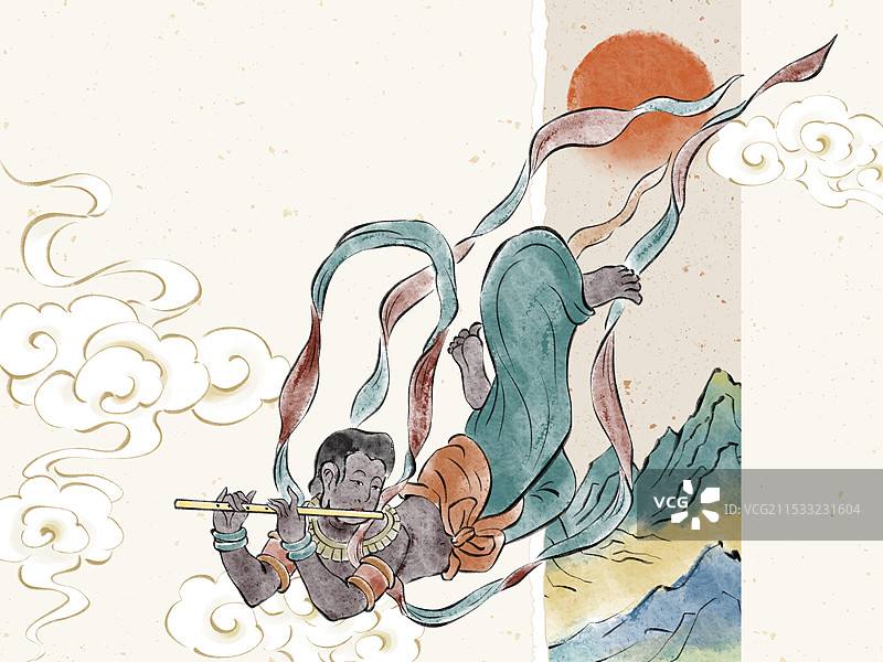 国潮风手绘甘肃敦煌莫高窟男性飞天人物横板插画素材。图片素材