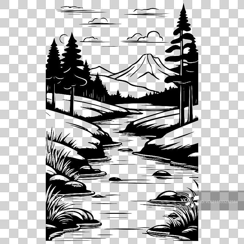 手绘透明线条风景画图片素材