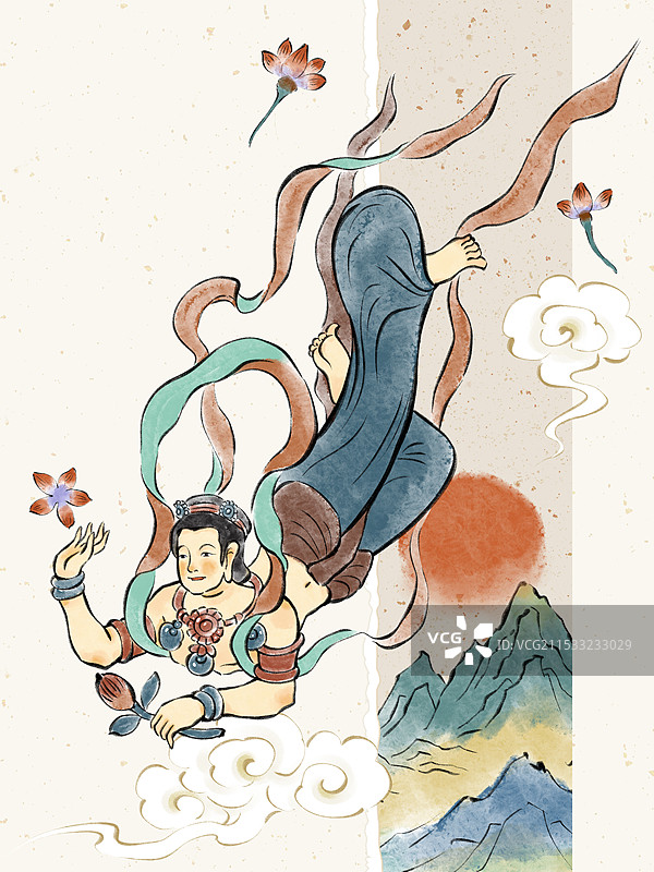国潮风手绘甘肃敦煌莫高窟男性飞天人物竖板插画素材。图片素材