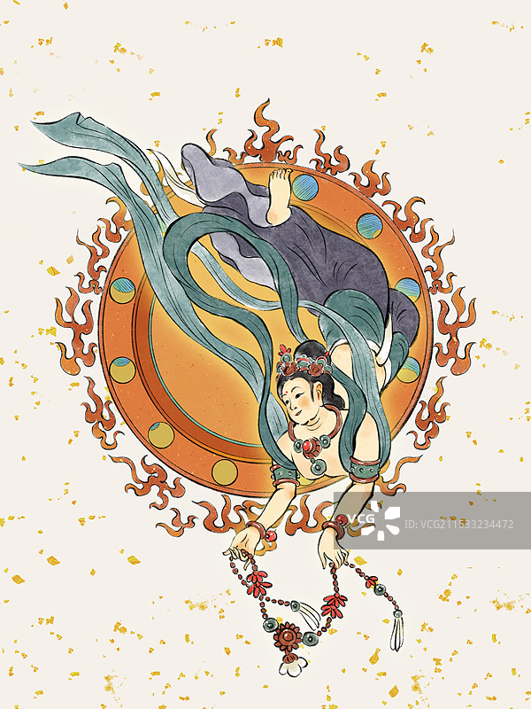 国潮风手绘甘肃敦煌莫高窟男性飞天人物插画素材。图片素材