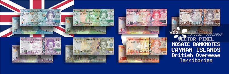 开曼群岛的像素马赛克钞票集合图片素材